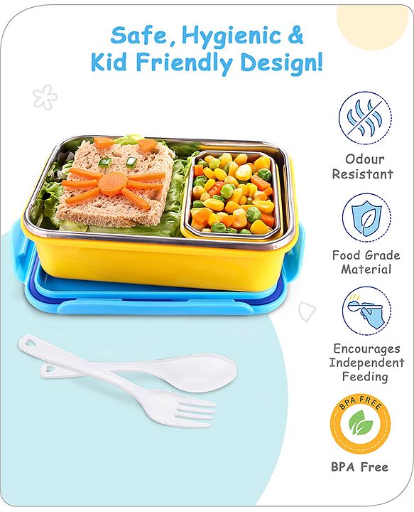 Babyhug Space Stainless Steel Lunch Box|BPA Free|Leak Proof|1 Lunch Box, 1 Container,1 Spoon, 1 Fork|550ML,110ML|Perfect for School Kids & Outdoors|(Color May vary)