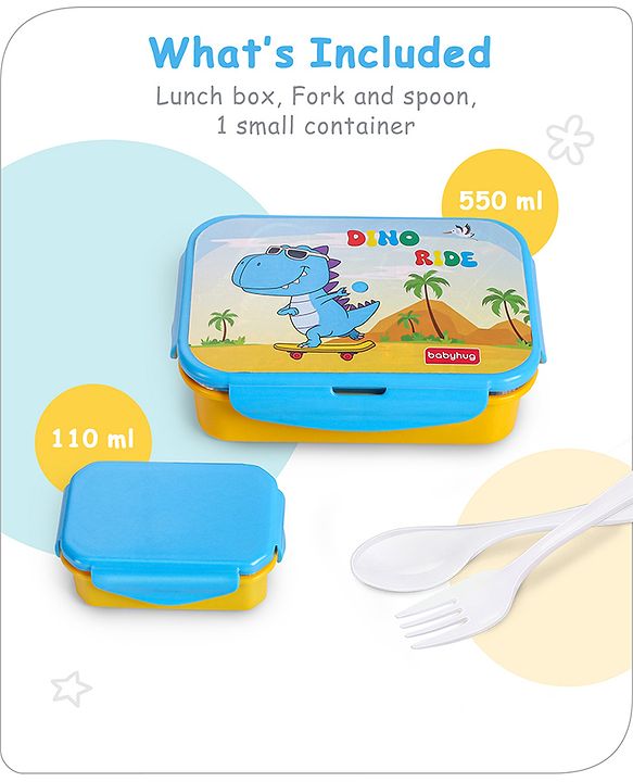 Babyhug Space Stainless Steel Lunch Box|BPA Free|Leak Proof|1 Lunch Box, 1 Container,1 Spoon, 1 Fork|550ML,110ML|Perfect for School Kids & Outdoors|(Color May vary)