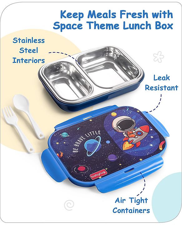 Babyhug Space Stainless Steel Lunch Box|BPA Free|Leak Proof|2 compartment,1 Spoon and 1 Fork|550 ML|Perfect for School Kids & Outdoors|Navy Blue