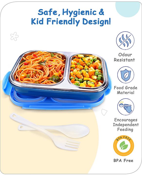 Babyhug Space Stainless Steel Lunch Box|BPA Free|Leak Proof|2 compartment,1 Spoon and 1 Fork|550 ML|Perfect for School Kids & Outdoors|Navy Blue