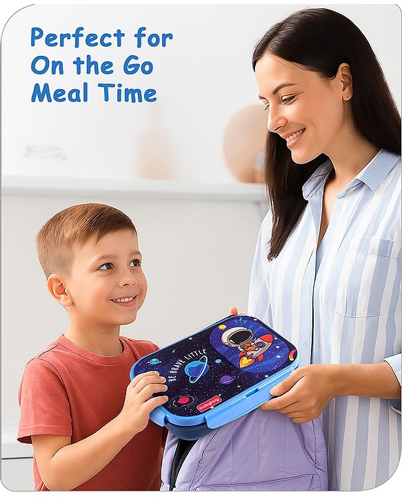 Babyhug Space Stainless Steel Lunch Box|BPA Free|Leak Proof|2 compartment,1 Spoon and 1 Fork|550 ML|Perfect for School Kids & Outdoors|Navy Blue
