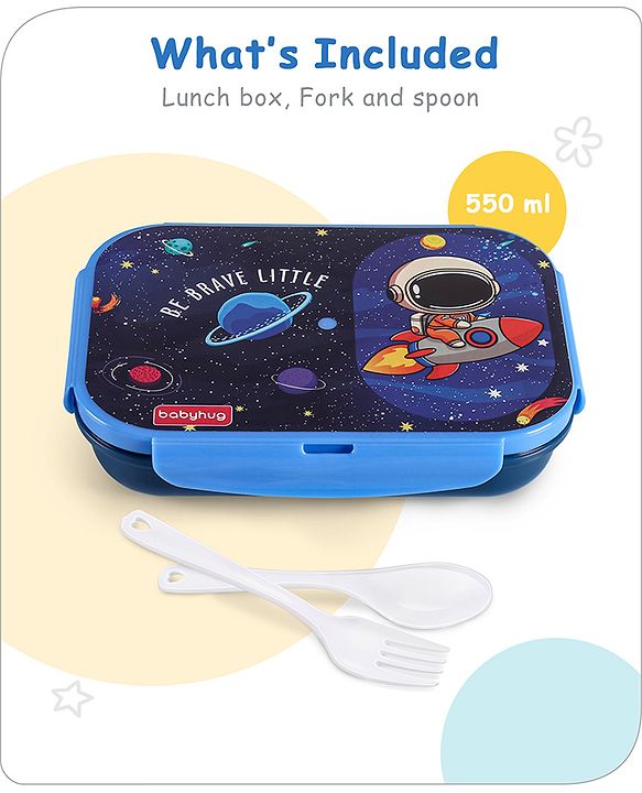 Babyhug Space Stainless Steel Lunch Box|BPA Free|Leak Proof|2 compartment,1 Spoon and 1 Fork|550 ML|Perfect for School Kids & Outdoors|Navy Blue