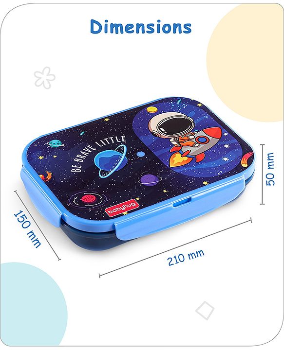 Babyhug Space Stainless Steel Lunch Box|BPA Free|Leak Proof|2 compartment,1 Spoon and 1 Fork|550 ML|Perfect for School Kids & Outdoors|Navy Blue