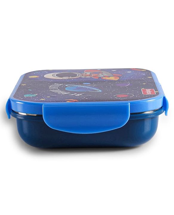 Babyhug Space Stainless Steel Lunch Box|BPA Free|Leak Proof|2 compartment,1 Spoon and 1 Fork|550 ML|Perfect for School Kids & Outdoors|Navy Blue