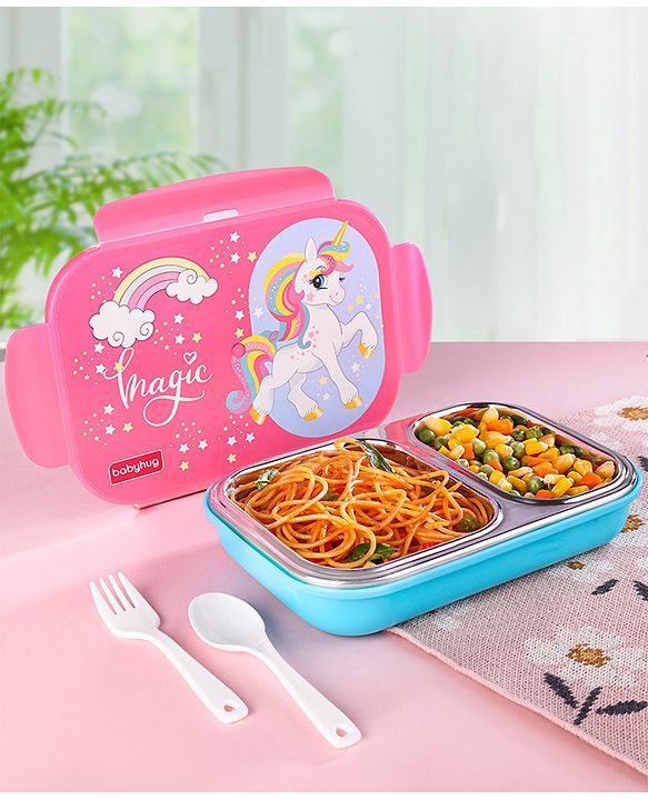 Babyhug Space Stainless Steel Lunch Box|BPA Free|Leak Proof|2 compartment,1 Spoon and 1 Fork|550 ML|Perfect for School Kids & Outdoors|Navy Blue