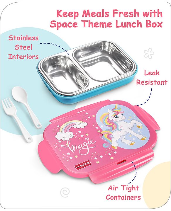 Babyhug Space Stainless Steel Lunch Box|BPA Free|Leak Proof|2 compartment,1 Spoon and 1 Fork|550 ML|Perfect for School Kids & Outdoors|Navy Blue