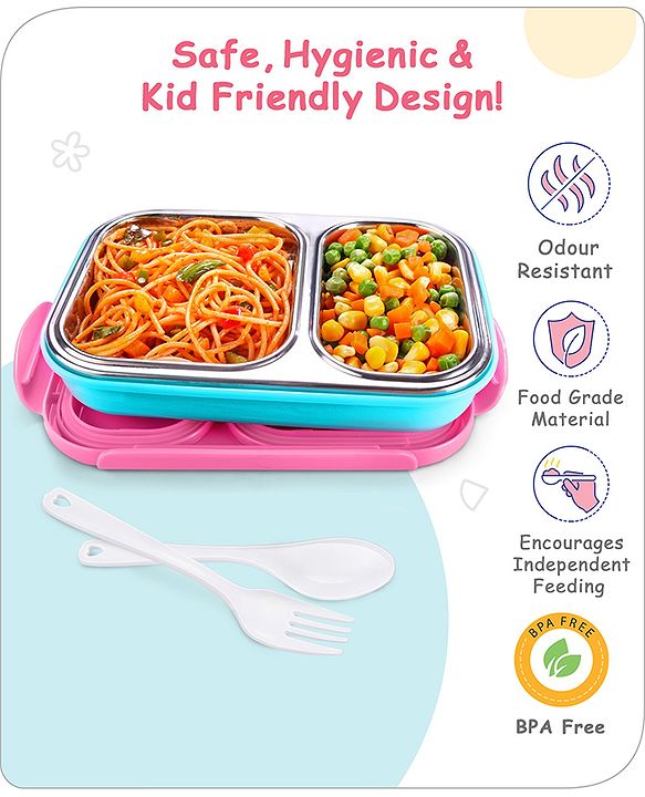 Babyhug Space Stainless Steel Lunch Box|BPA Free|Leak Proof|2 compartment,1 Spoon and 1 Fork|550 ML|Perfect for School Kids & Outdoors|Navy Blue