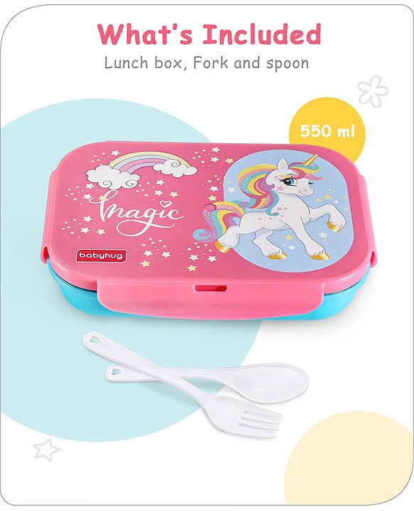 Babyhug Space Stainless Steel Lunch Box|BPA Free|Leak Proof|2 compartment,1 Spoon and 1 Fork|550 ML|Perfect for School Kids & Outdoors|Navy Blue