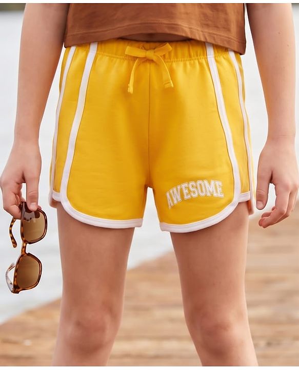 Pine Kids Looper Knit Mid Thigh Shorts With Text Print - Yellow