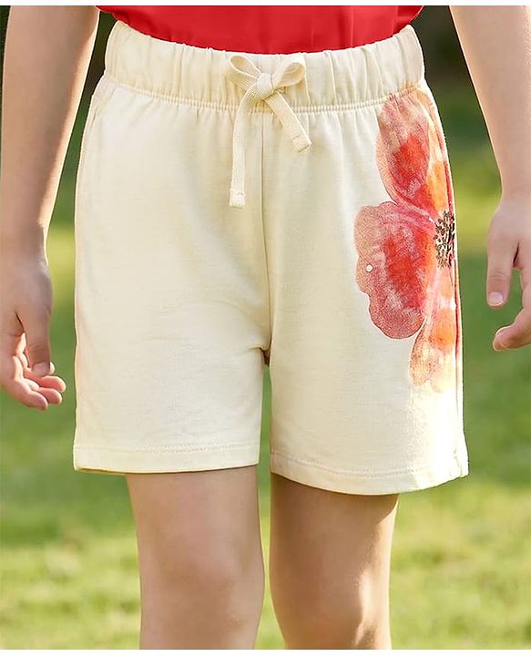 Pine Kids Looper Knit Mid Thigh Shorts With Floral Print - White