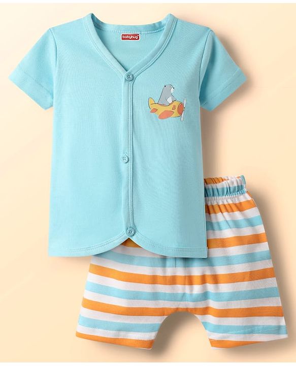Babyhug Cotton Knit Half Sleeves Shorts Night Suit With Stripes & Bear Print - Light Blue