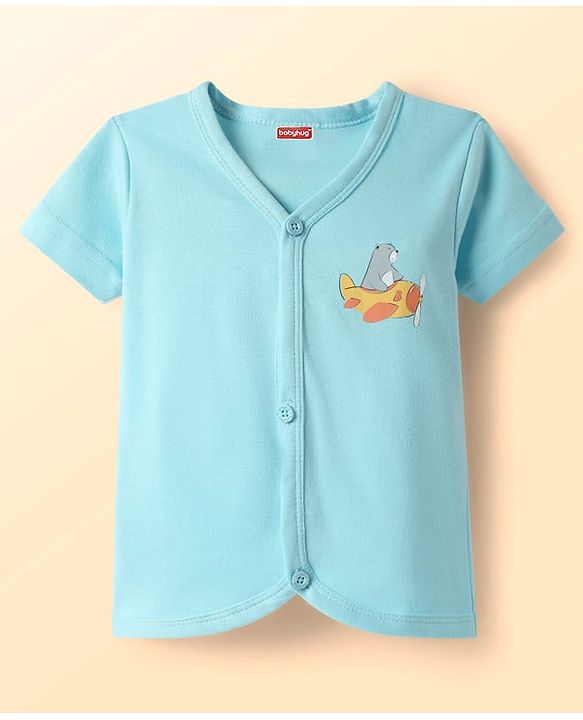 Babyhug Cotton Knit Half Sleeves Shorts Night Suit With Stripes & Bear Print - Light Blue