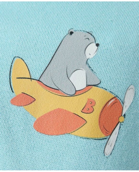 Babyhug Cotton Knit Half Sleeves Shorts Night Suit With Stripes & Bear Print - Light Blue
