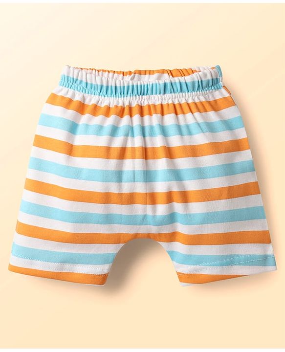 Babyhug Cotton Knit Half Sleeves Shorts Night Suit With Stripes & Bear Print - Light Blue