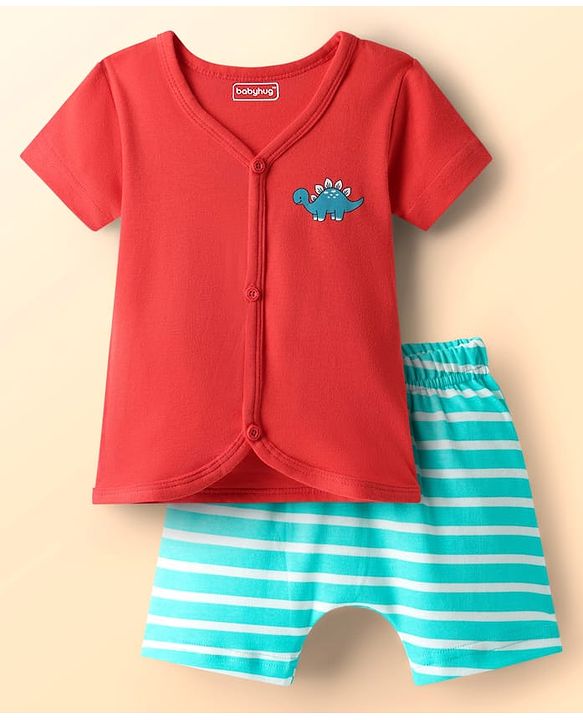 Babyhug Cotton Knit Half Sleeves Shorts Night Suit With Stripes & Dino Print - Red