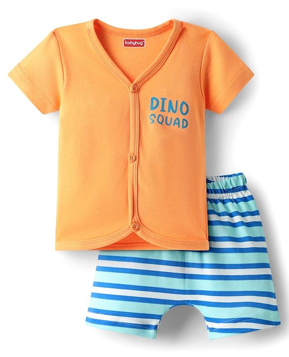 Babyhug 100% Cotton Knit Half Sleeves Shorts Night Suit With Stripes & Text Print - Orange
