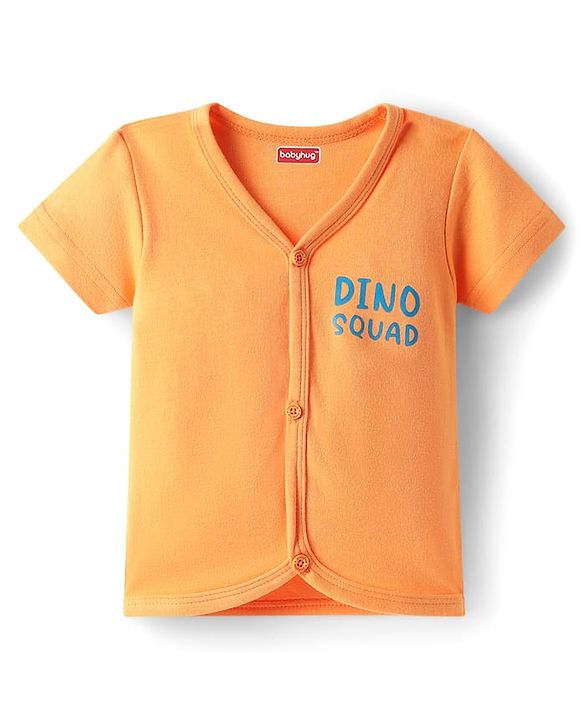 Babyhug 100% Cotton Knit Half Sleeves Shorts Night Suit With Stripes & Text Print - Orange
