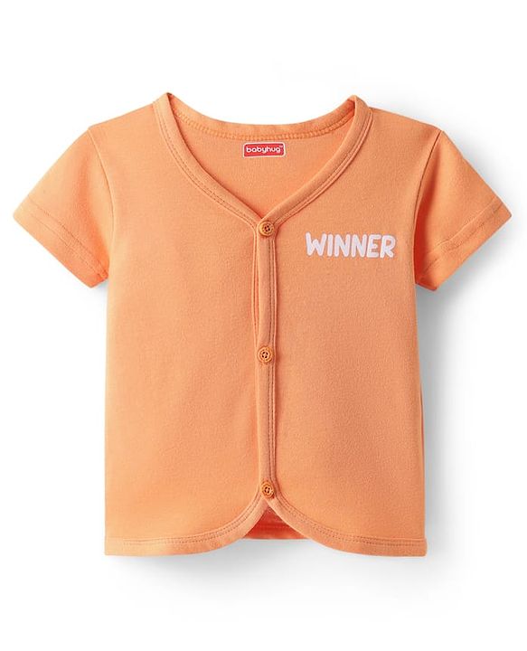 Babyhug 100% Cotton Knit Front Open Half Sleeves Shorts Night Suit With Text Print - Orange