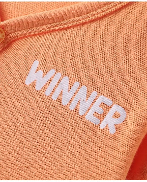Babyhug 100% Cotton Knit Front Open Half Sleeves Shorts Night Suit With Text Print - Orange