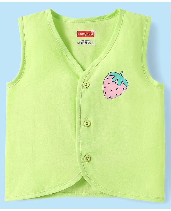 Babyhug 100% Cotton Woven Front Open Sleeveless Jhablas with Tropical Print Pack of 3 - White & Limegreen