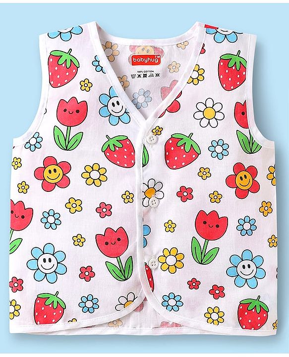 Babyhug 100% Cotton Woven Front Open Sleeveless Jhablas with Tropical Print Pack of 3 - White & Limegreen