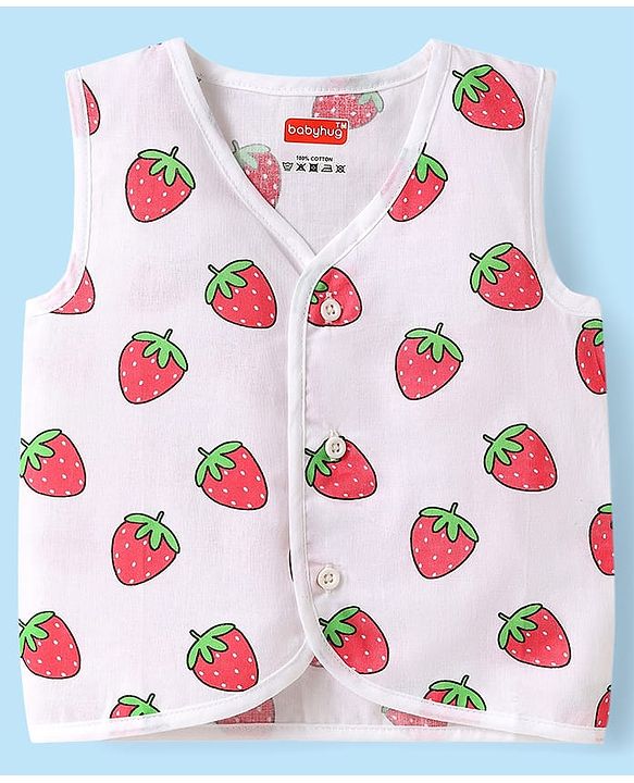 Babyhug 100% Cotton Woven Front Open Sleeveless Jhablas with Tropical Print Pack of 3 - White & Limegreen