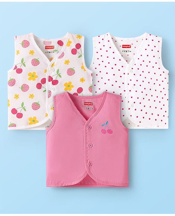 Babyhug 100% Cotton Cambric Woven Front Open Sleeveless Jhablas With Polka Dots & Floral Print Pack Of 3 - Pink & White
