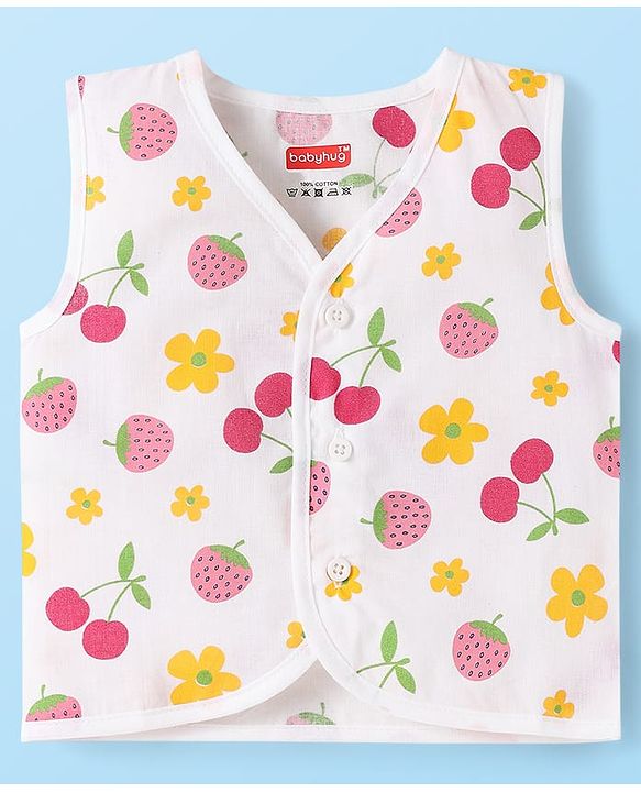 Babyhug 100% Cotton Cambric Woven Front Open Sleeveless Jhablas With Polka Dots & Floral Print Pack Of 3 - Pink & White