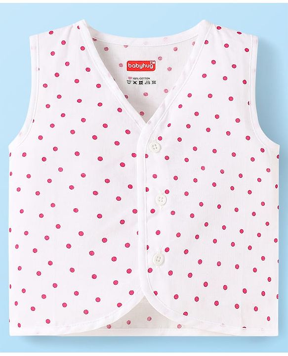 Babyhug 100% Cotton Cambric Woven Front Open Sleeveless Jhablas With Polka Dots & Floral Print Pack Of 3 - Pink & White