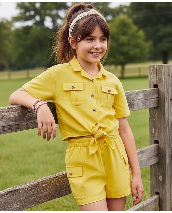 Pine Kids Cotton Woven Half Sleeves Solid Color Top & Shorts Set - Golden