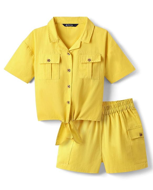 Pine Kids Cotton Woven Half Sleeves Solid Color Top & Shorts Set - Golden
