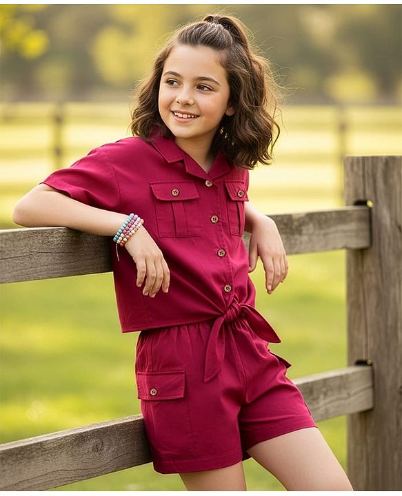 Pine Kids Cotton Woven Half Sleeves Solid Color Top & Shorts Set - Maroon