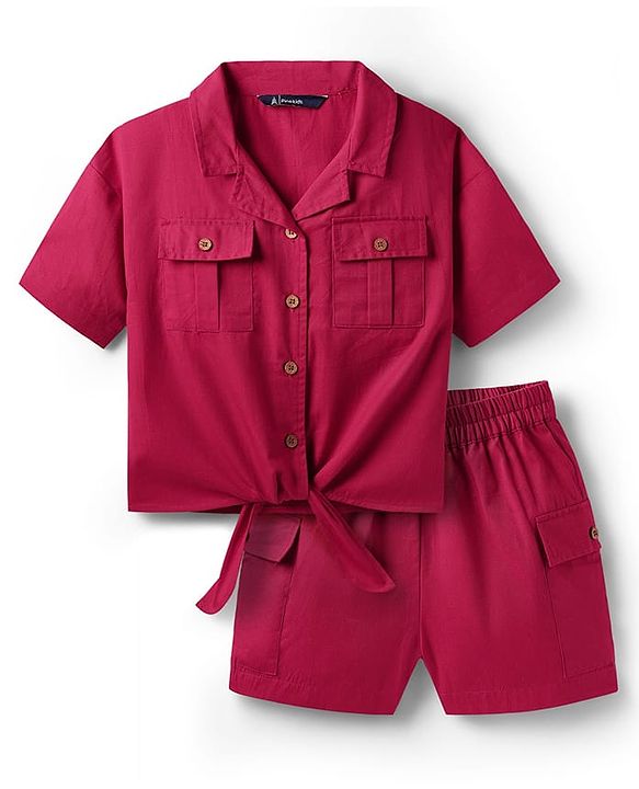 Pine Kids Cotton Woven Half Sleeves Solid Color Top & Shorts Set - Maroon