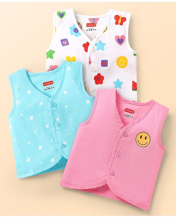 Babyhug 100% Cotton Front Open Sleeveless Jhablas With Floral & Star Print Pack Of 3 - Pink White & Light Blue