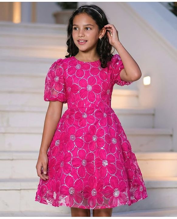 Pine Kids Woven Half Sleeves Party Dress With Sequin Detailing - Dark Pink