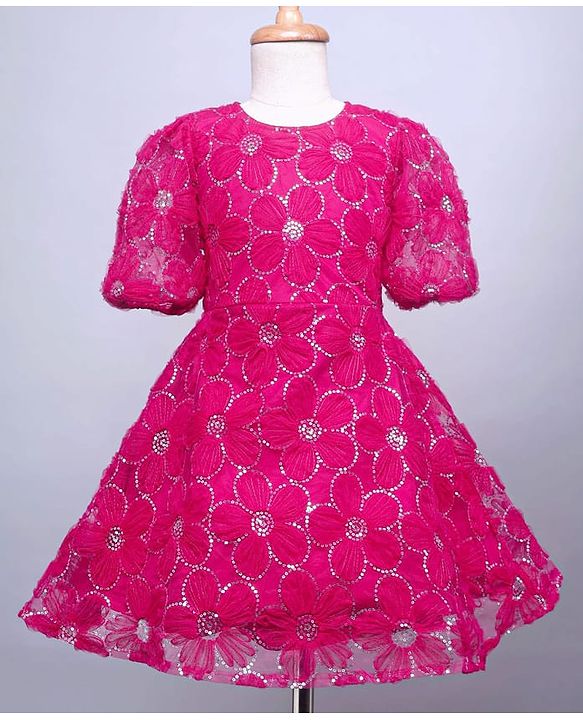 Pine Kids Woven Half Sleeves Party Dress With Sequin Detailing - Dark Pink