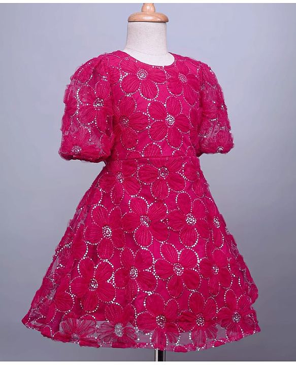Pine Kids Woven Half Sleeves Party Dress With Sequin Detailing - Dark Pink