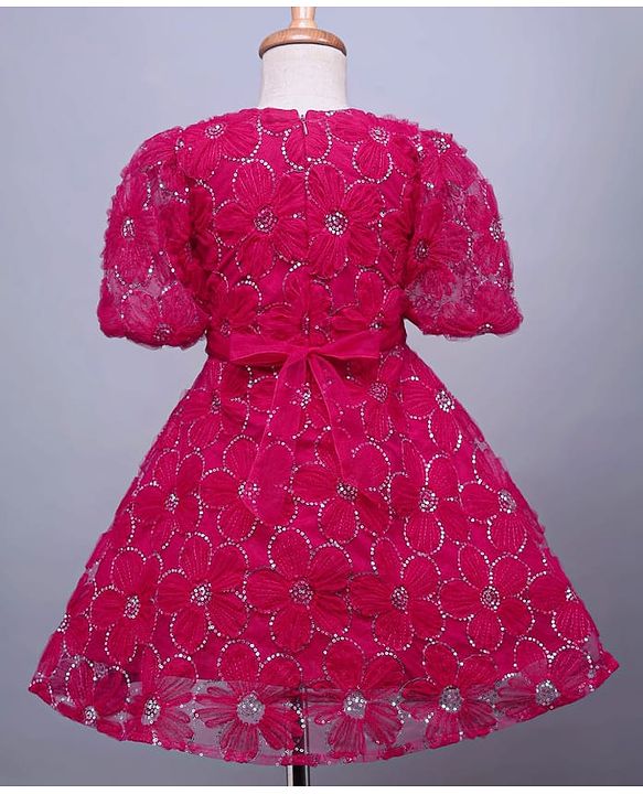 Pine Kids Woven Half Sleeves Party Dress With Sequin Detailing - Dark Pink