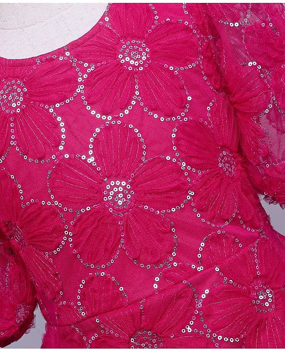 Pine Kids Woven Half Sleeves Party Dress With Sequin Detailing - Dark Pink