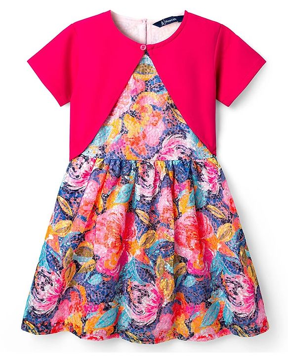 Pine Kids Woven Floral Printed Party Dress with Half Sleeves Jacket - Pink