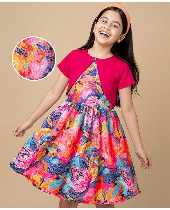 Pine Kids Woven Floral Printed Party Dress with Half Sleeves Jacket - Pink