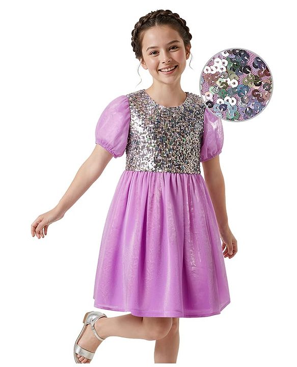 Pine Kids Woven Half Sleeves Party Dress with Shimmer & Sequin - Plum