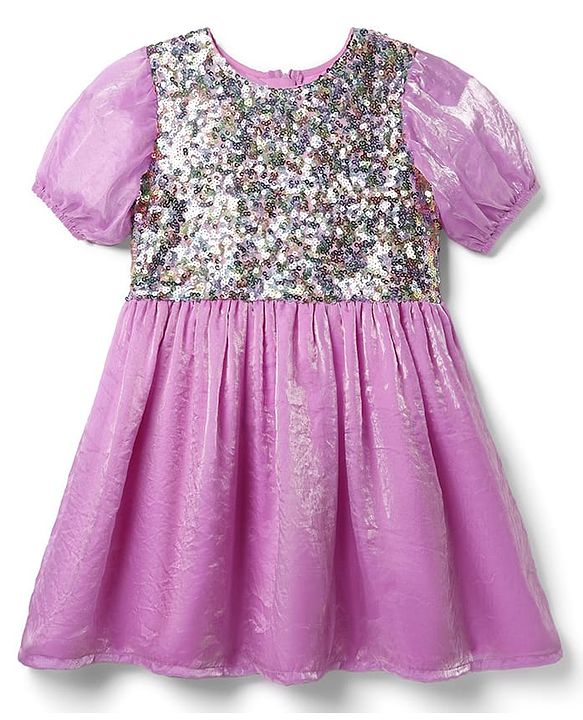 Pine Kids Woven Half Sleeves Party Dress with Shimmer & Sequin - Plum