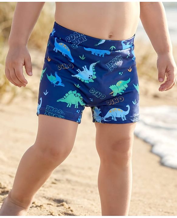 Babyhug Water Repellant Swimming Trunks With Dino Print - Navy Blue