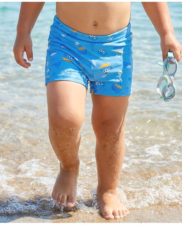 Babyhug Above Knee Length Water Repellant Swimming Trunk with Ocean Theme Print - Light Blue