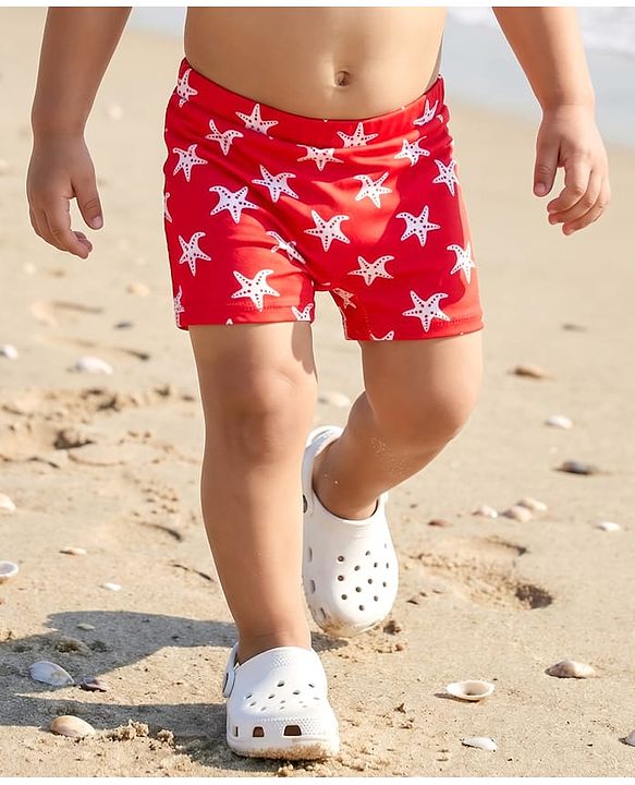 Babyhug Above Knee Length Water Repelant Swimming Trunk with Star Fish Print - Red