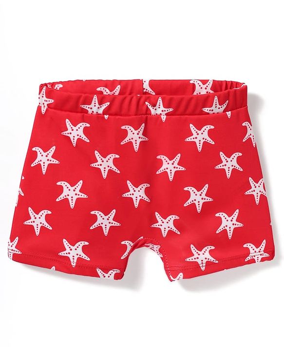 Babyhug Above Knee Length Water Repelant Swimming Trunk with Star Fish Print - Red
