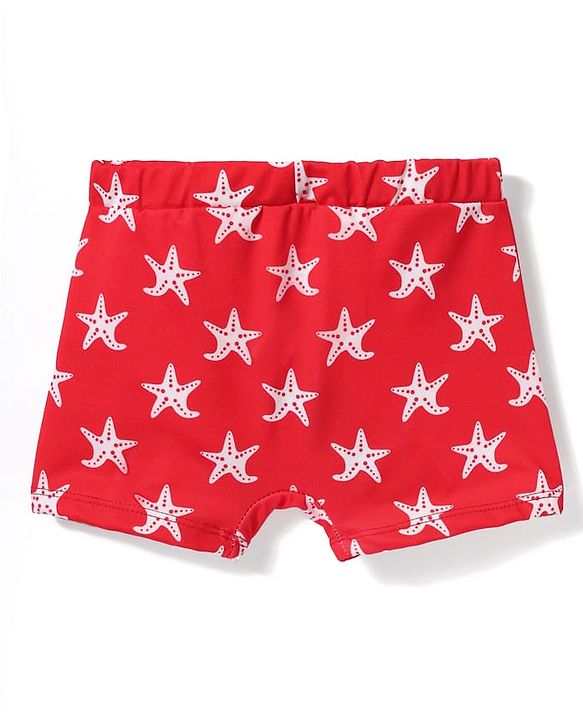 Babyhug Above Knee Length Water Repelant Swimming Trunk with Star Fish Print - Red