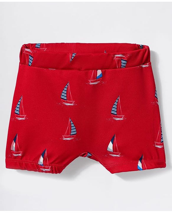Babyhug Water Repellant Swimming Trunk With Nautical Theme Print - Red
