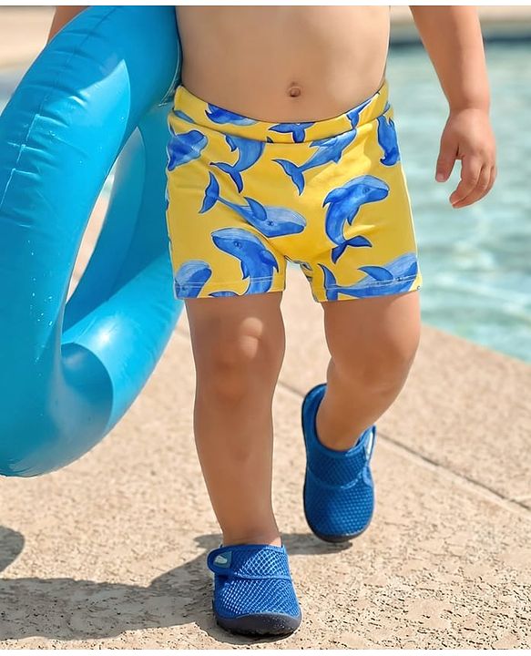 Babyhug Water Repellant Swimming Trunk With Dolphin Print - Yellow